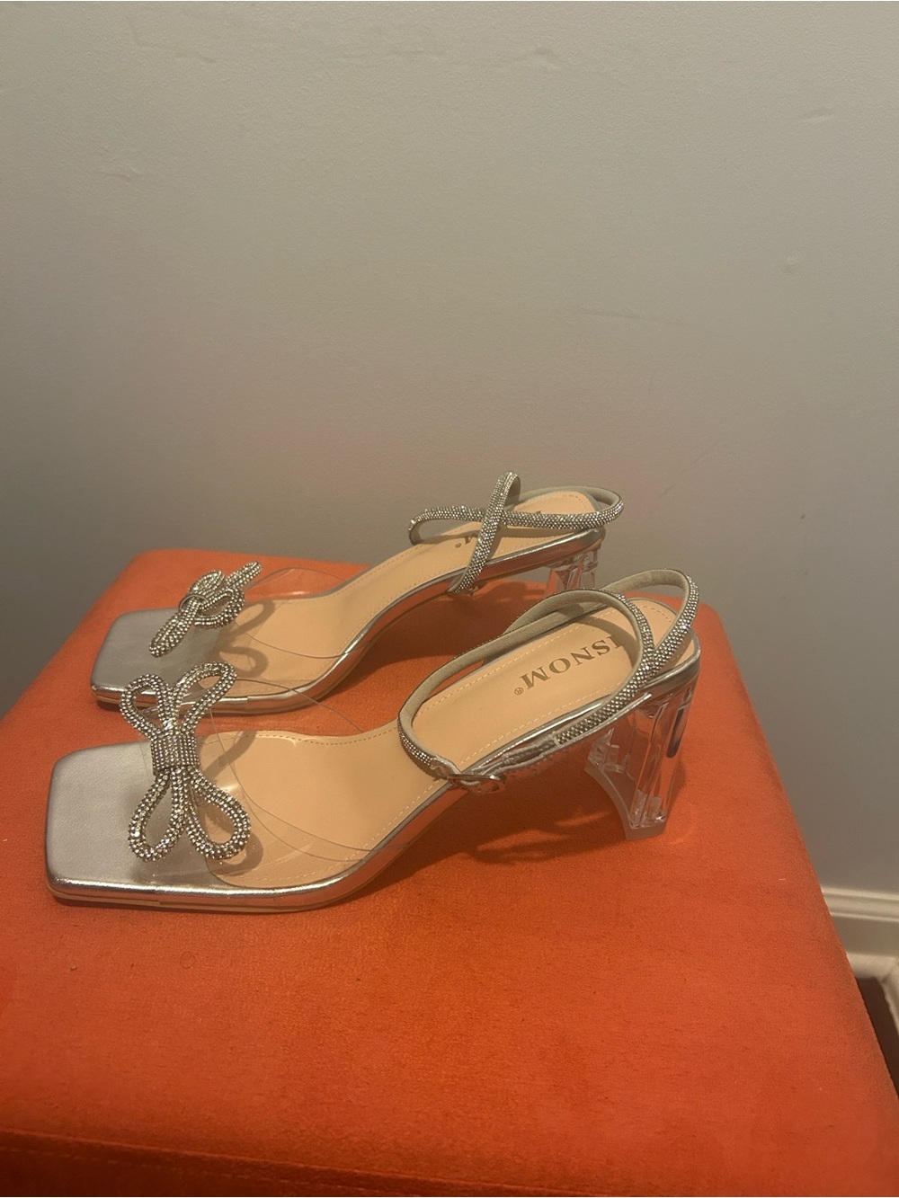 Crystal Strap Clear Heel Sandals in Silver - Women's